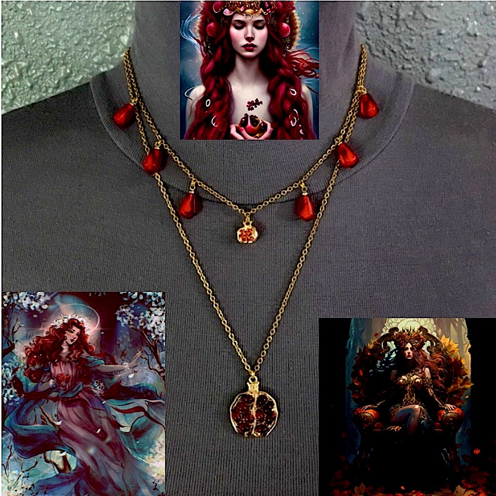 Persephone Greek Goddess Pomegranates and Seeds Handmade 2-Layer Gold Necklace